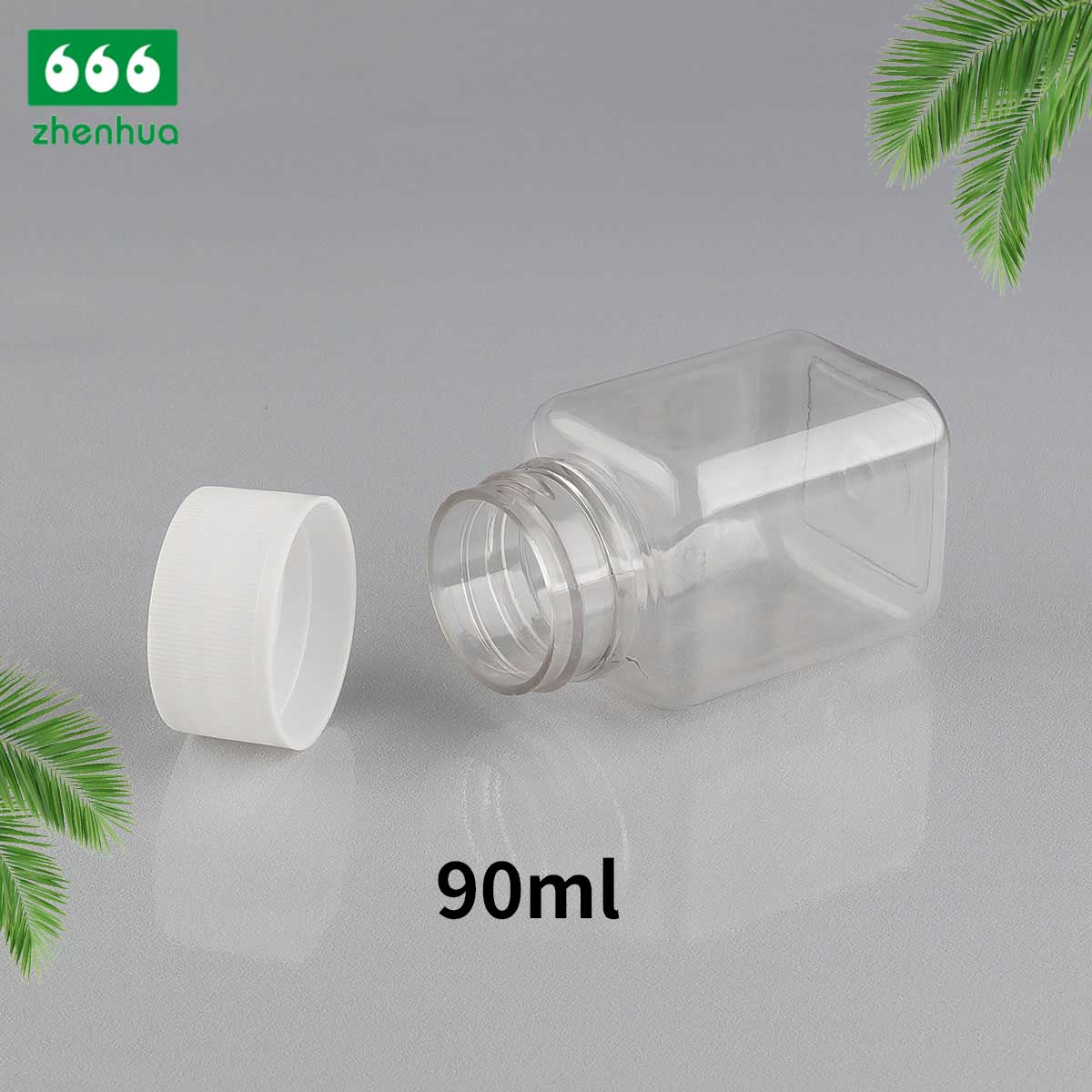 3oz Square Transparent Pill/ Granular PET Bottle With White Ribbed Smooth cap