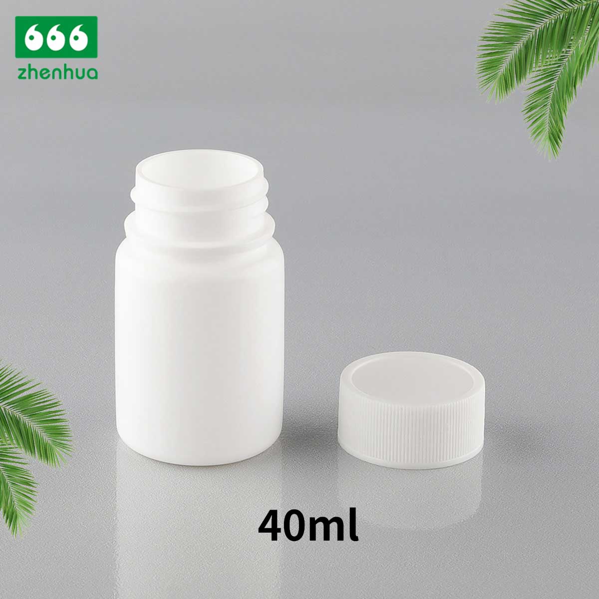 40cc Round White Solid Pill/ Tablet /Powder HDPE Bottle with White Ribbed Smooth cap