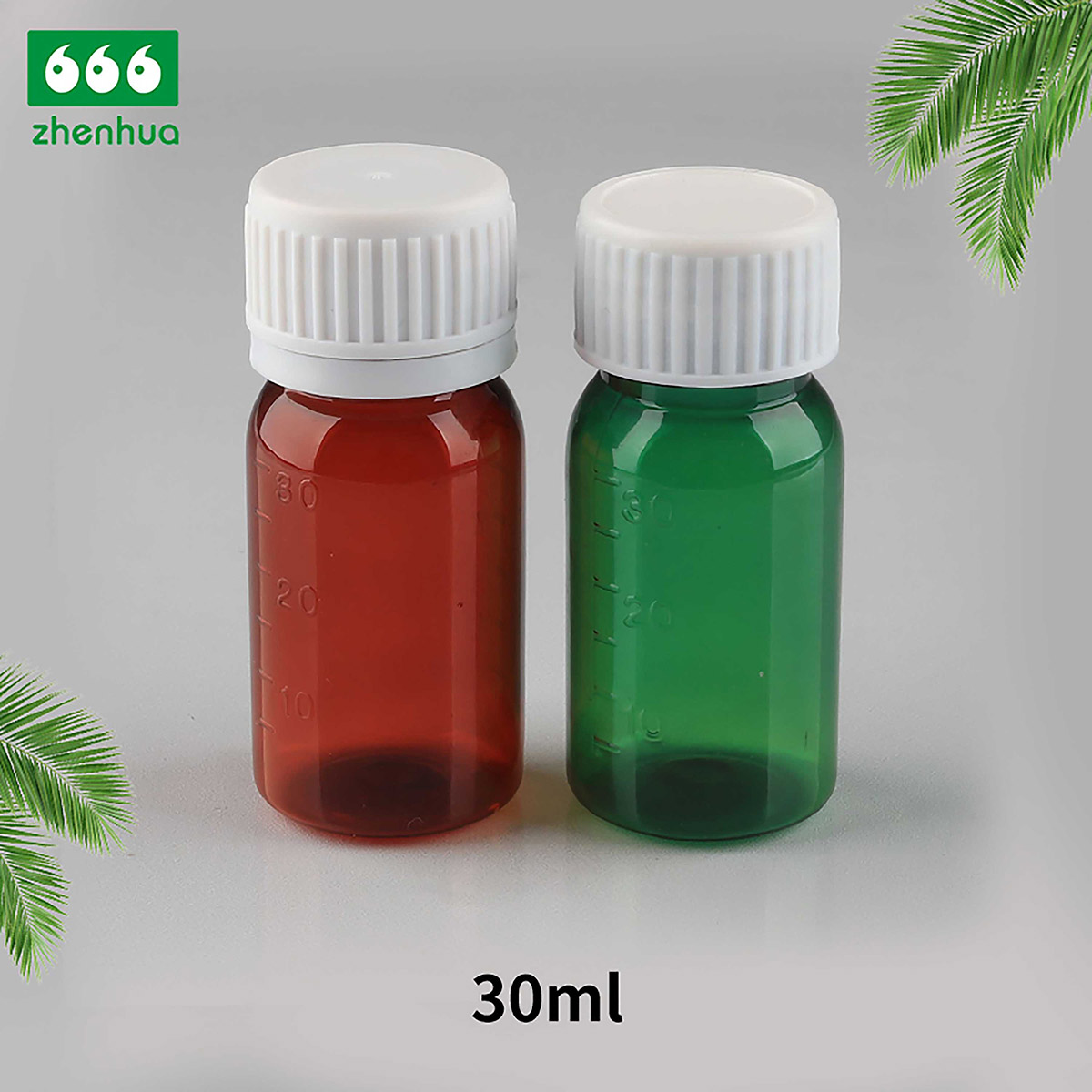 30ml Round Amber PET Syrup Graduated Bottle with Evident Seal Tamper Proof Cap