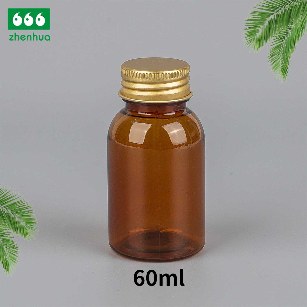 60/90ml Round Amber PET Medicinal Dispensing Bottle Solid Granule/ Pill/ Tablet Bottle with Metal Cap