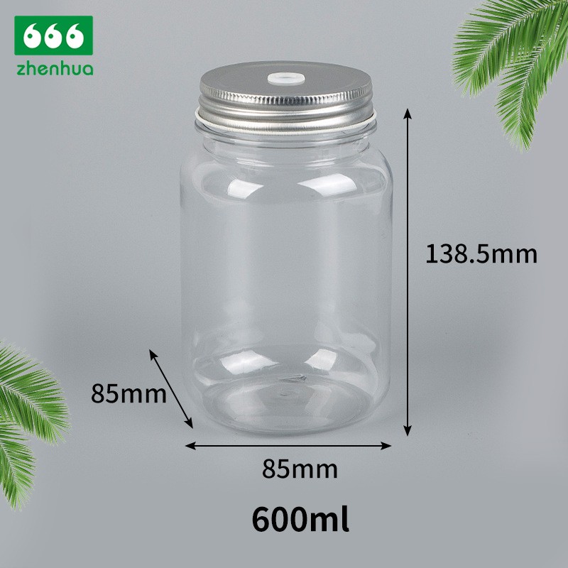 600ml 20oz Transparent Plastic PET Airtight Wide Mouth Jar for Food Packaging with Aliumnium Screw Cap