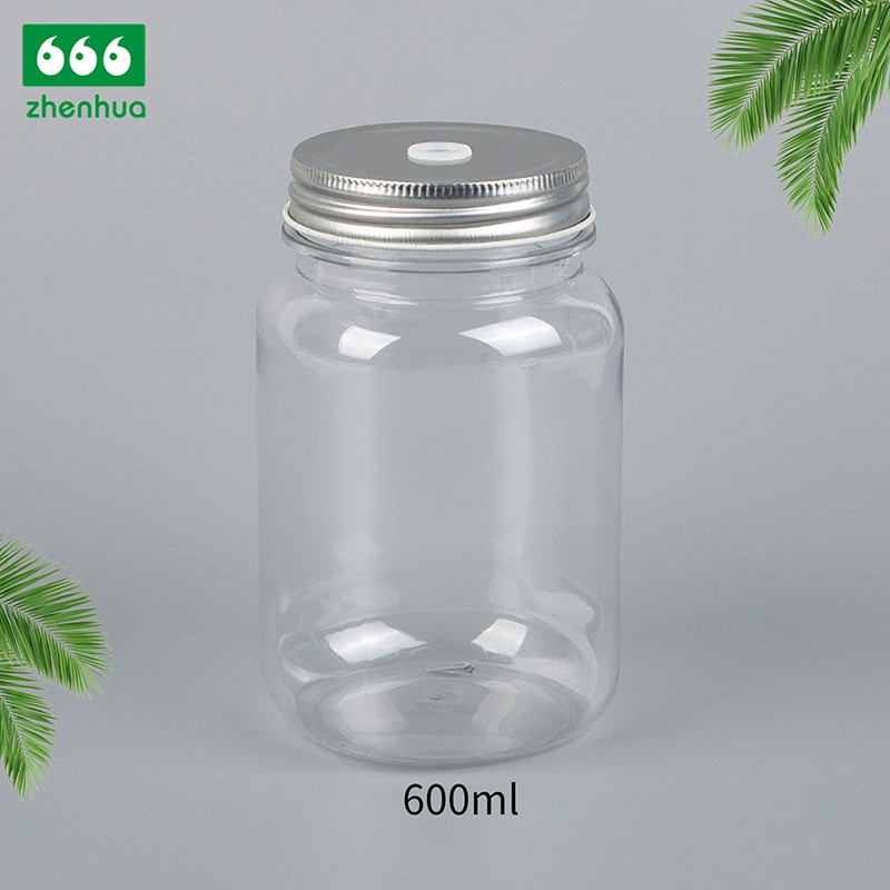 600ml 20oz Transparent Plastic PET Airtight Wide Mouth Jar for Food Packaging with Aliumnium Screw Cap