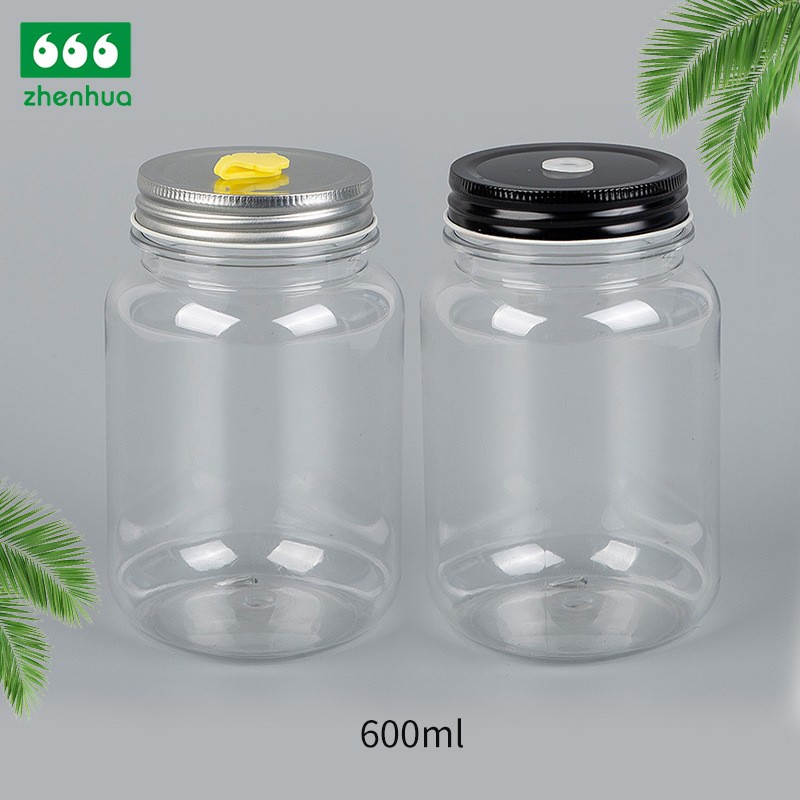 600ml 20oz Transparent Plastic PET Airtight Wide Mouth Jar for Food Packaging with Aliumnium Screw Cap