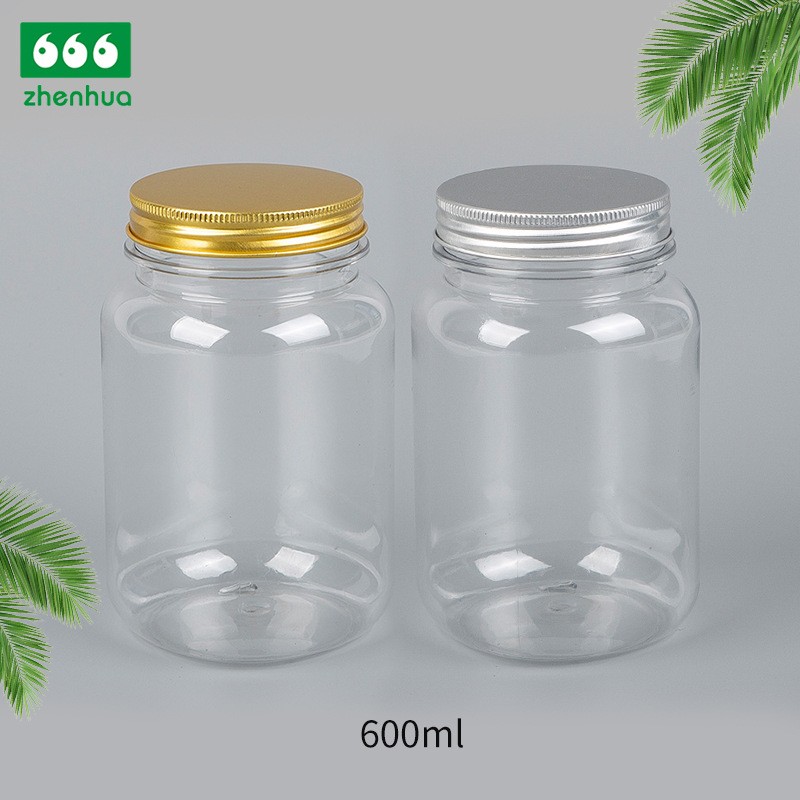 600ml 20oz Transparent Plastic PET Airtight Wide Mouth Jar for Food Packaging with Aliumnium Screw Cap