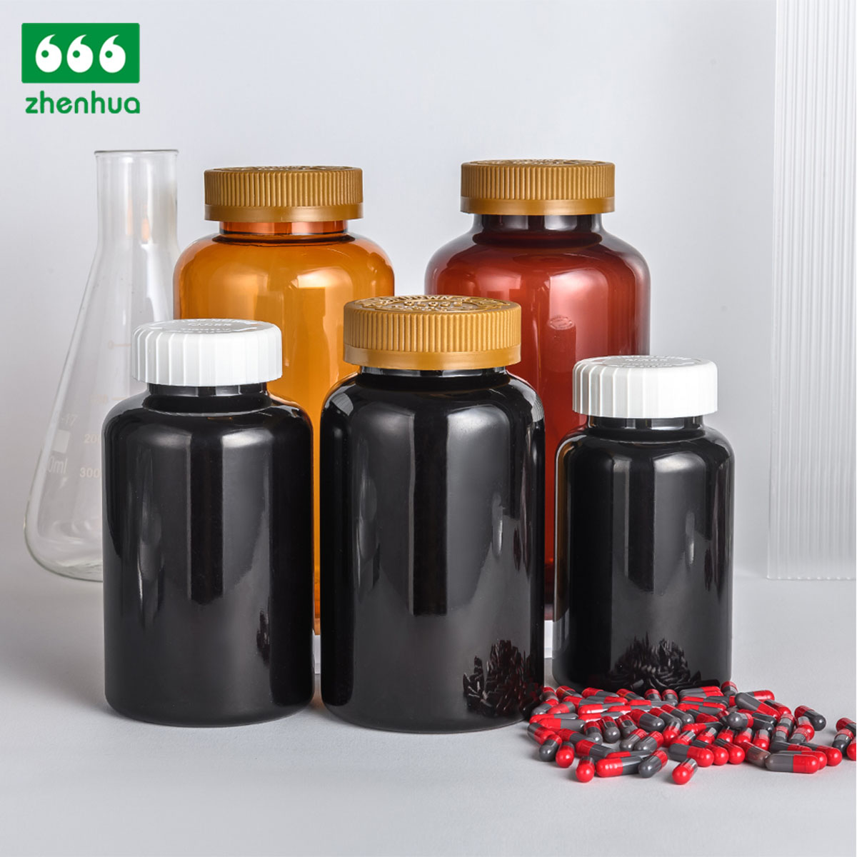 300ml 400ml 500ml 700ml Large Capacity Round Plastic PET Nutraceutical Bottle Medicinal Solid Amber Lightproof Bottle with Childproof Cap