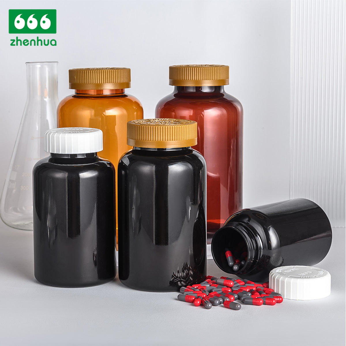 300ml 400ml 500ml 700ml Large Capacity Round Plastic PET Nutraceutical Bottle Medicinal Solid Amber Lightproof Bottle with Childproof Cap