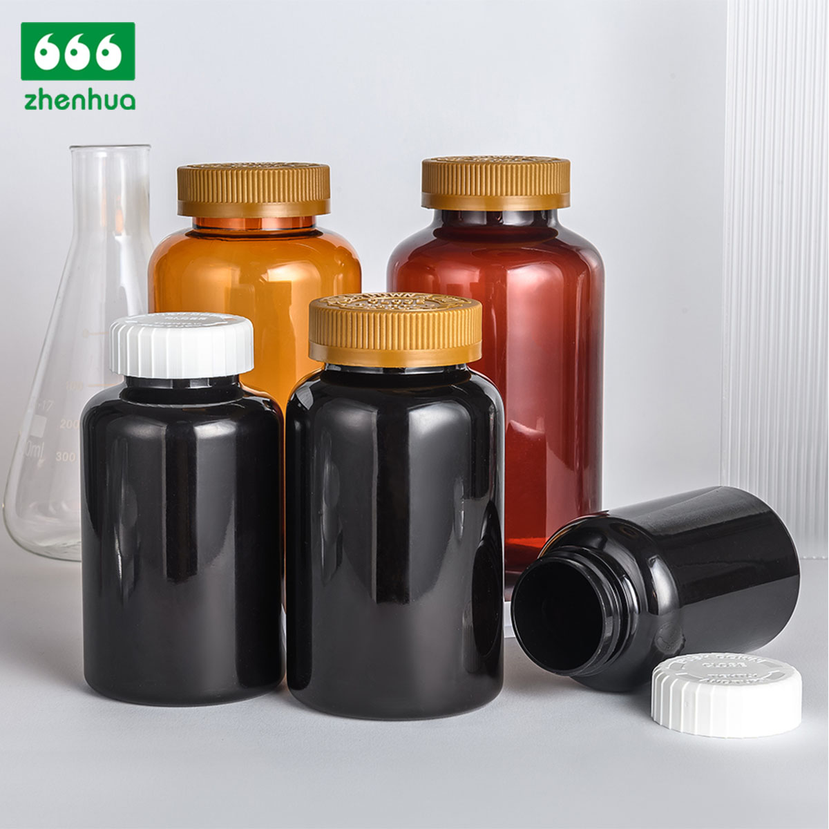 300ml 400ml 500ml 700ml Large Capacity Round Plastic PET Nutraceutical Bottle Medicinal Solid Amber Lightproof Bottle with Childproof Cap